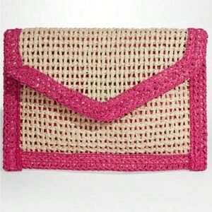 Woven Straw Clutch with Pink Trim